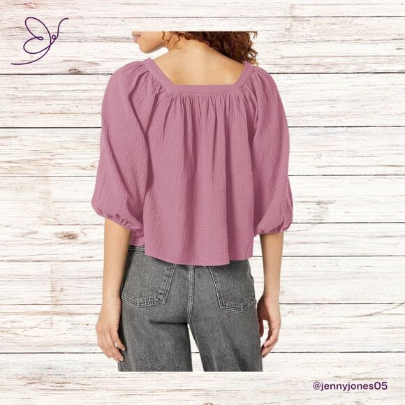 Purple Square Neck Button Front Crinkle Gauze Top-Size Large-NWT - Picture 2 of 7